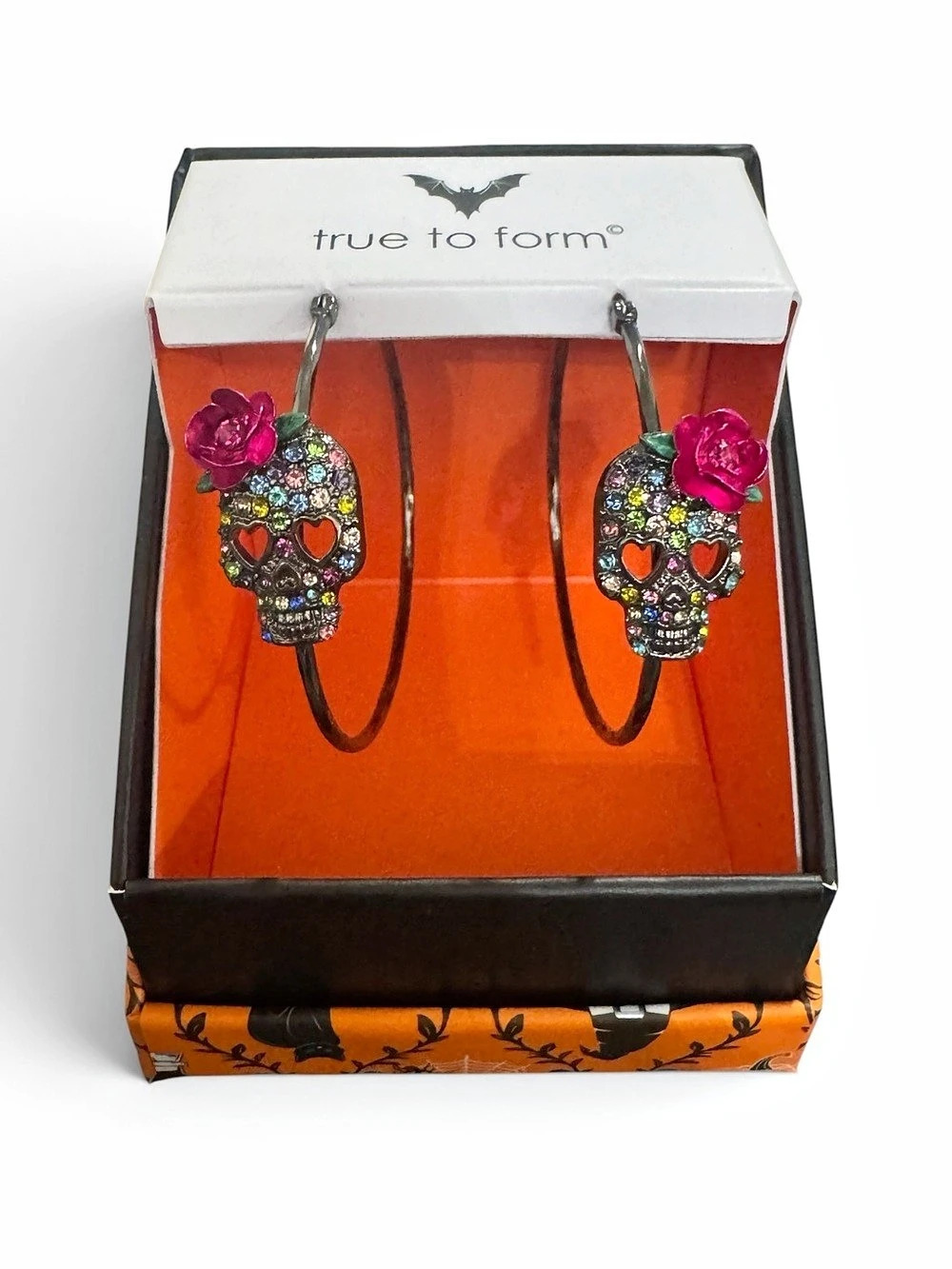 True To Form Sugar Skull Earrings Halloween Gun Metal Tone, mixed color stones.